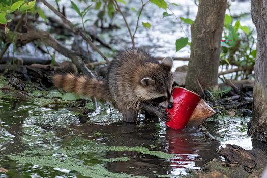 A raccoon gnaws on a red plastic cup. Tennesseans have submitted hundreds of photos of trash across the state as part of a litter awareness campaign. (Eddie Johnson/Tenn. Wildlife Federation)