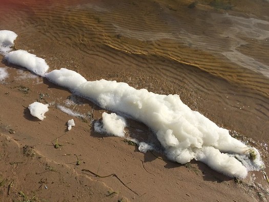 Contaminated foam gathers on Van Etten Lake near the former Wurtsmith Air Force Base. (Michigan DEQ/Flickr)