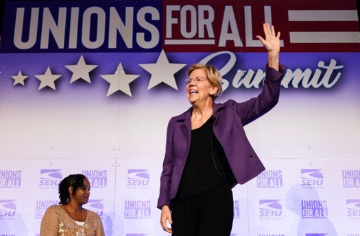 Sen. Elizabeth Warren, D-Mass., speaks at a presidential forum hosted by the Service Employees International Union. (Facebook)