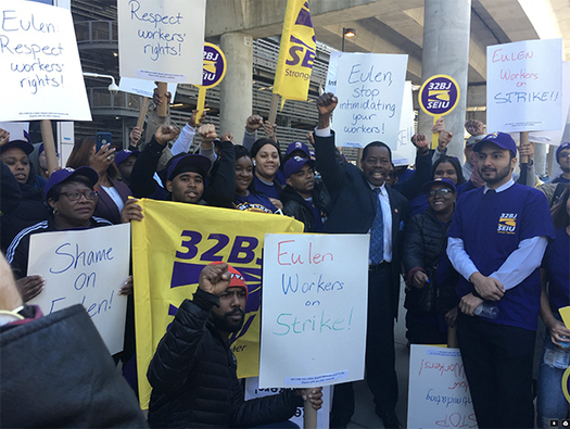 Striking workers at JFK on Monday were joined by union leaders and elected officials. (Photo 32BJ SEIU)