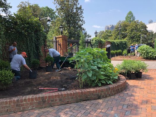 Gardeners work to plant an ozone garden in front of the Governor's Mansion in Raleigh. (Clean Air Carolina)