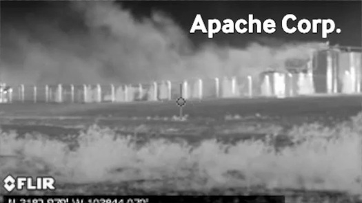 Optical gas imaging shows methane and volatile organic compounds escaping from an oil and gas facility in Texas. (photo by Earthworks)