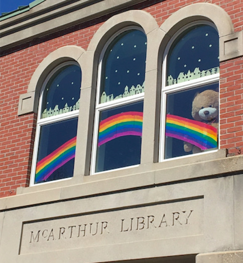 This rainbow was painted by a staff member and her two daughters shortly after the McArthur Library closed to the public on March 16. Buster the Bear is a new addition as well, looking out on Biddeford's Main Street. (McArthur Library)