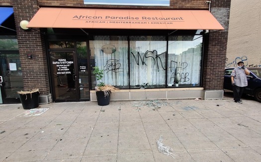 The African Paradise restaurant in south Minneapolis is located near the site where the most intense protests occurred following the death of George Floyd. Like other minority-owned businesses, it faces an uncertain future because of damage to the building. (Nancy Korsah)