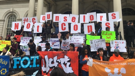 Students rallying at City Hall in New York City call for more guidance counselors and fewer police in public schools. (Photo: Urban Youth Collaborative)