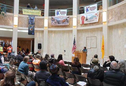 Opponents of new oil and gas leases presented 33,000 public protests to New Mexico lawmakers at the Roundhouse in 2019. (wildearthguardians.org)