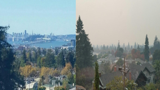 Two photos taken from the same East Bay window show the air-quality change in San Francisco Bay before and during the recent fires. (Janice Kirsch)