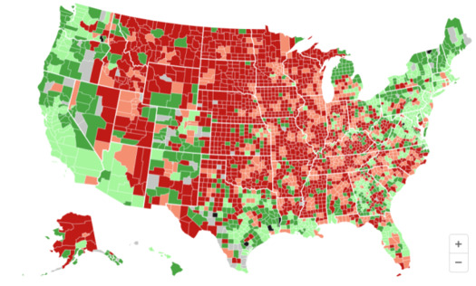 1,358 counties are red zones where COVID-19 infection rates are out of control. (The Daily Yonder/USA Facts)