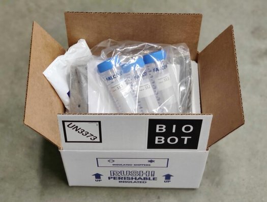 Biobot sends wastewater treatment facilities a bottle to collect a continuous subsample over 24 hours. The sample is then separated into three 50-milliliter valves for analysis. (Biobot Analytics)