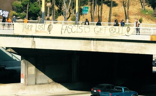 Anti-Trump protestors unfurled a banner over Interstate 110, a Los Angeles-area freeway, on Wednesday. (refusefascism.org)