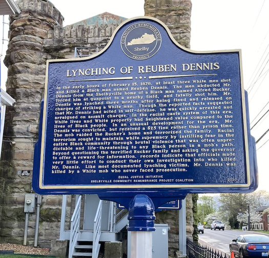 One of six new historical markers in Shelbyville, Ky., commemorating victims of lynching incidents that occurred from 1878 to 1911. (Janice Harris)
