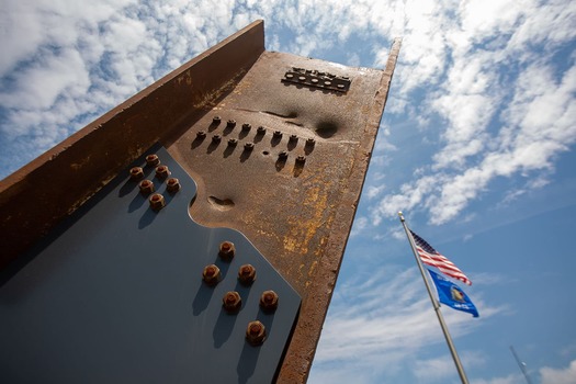 At the new Wisconsin 9/11 memorial, a support structure that holds a section of steel beam recovered from the World Trade Center. (wisconsin911memorial.com)