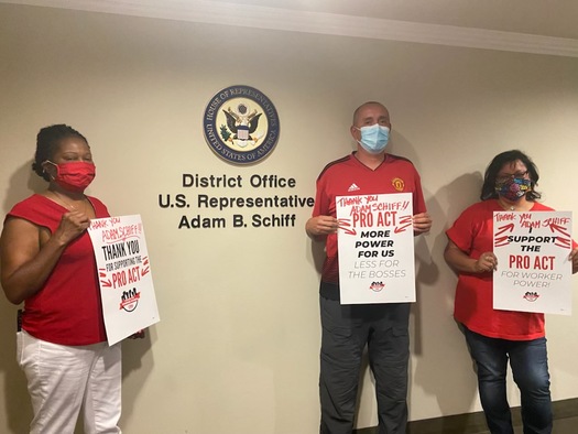 Union members demonstrate in favor of the PRO Act at the Los Angeles office of U.S. Rep. Adam Schiff, D-Calif. (CWA)