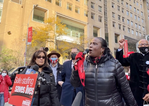 Nancy Hagans, president of the New York State Nurses Association (NYSNA), speaks to nurses, lawmakers and community supporters rallying outside New York Presbyterian Hospital in Washington Heights. (Michayla Savitt)