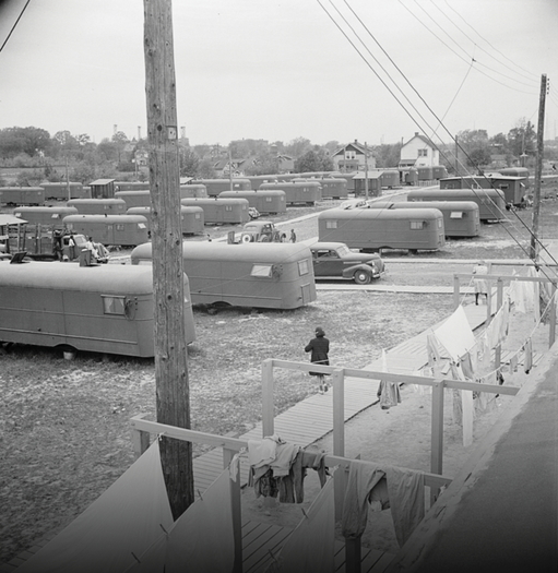 A new report looks at policies like eminent domain, which displaced historic Black communities in Northern Virginia. Here, a trailer camp serves removed Black residents in Arlington, 1942. (Library of Congress)