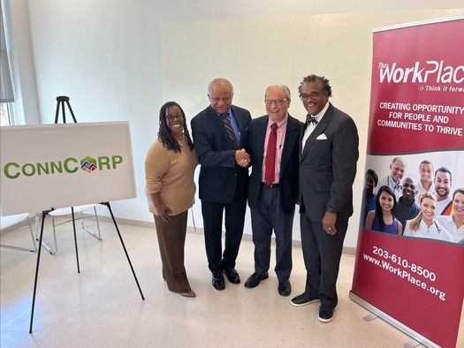 From left, Andrea Comer, committee chairwoman, Connecticut Social Equity Council, and Carlton Highsmith, Joseph Carbone and Fred McKinney announce the Alliance for Cannabis Equity on Tuesday in Hamden, Conn. (The Narrative Project) 