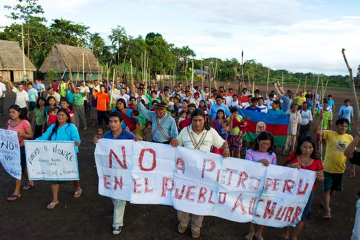 Indigenous people in Peru demonstrate against oil drilling in 2013. (Amazon Watch)