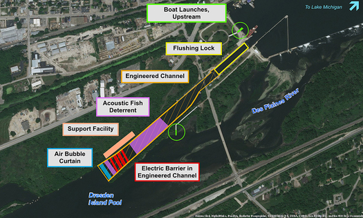 The Brandon Road Lock and Dam Project would use electric barriers, bubble screens and noisemakers, all to help prevent the spread of invasive carp into the Great Lakes. (Rock Island District)