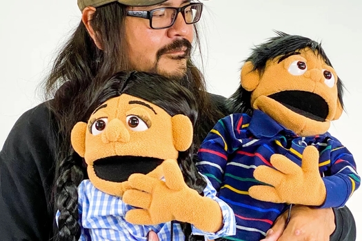 Pete Sands and two of his puppet creations, Sadie and Ash. The puppets will be the stars of 