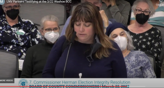 Daela Gibson, of Planned Parenthood and the Let Nevadans Vote coalition, testified before the Washoe County Commission last week, just before it defeated a proposal that included multiple voting limitations. (Let Nevadans Vote)