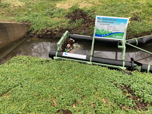 A litter trap has been installed in the Lockridge Drive Tributary. In 2021, Anacostia Riverkeeper and volunteers collected 12,440 pounds of trash from the shoreline and neighboring tributaries. (Courtesy Chesapeake Bay Trust)