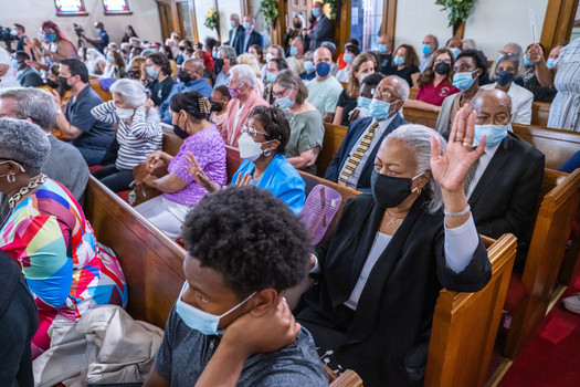Buffalo residents gathered at Macedonia Baptist Church on Sunday for a vigil in honor of the victims of the mass shooting at Tops supermarket on Saturday. (Darren McGee/Office of Gov. Kathy Hochul)