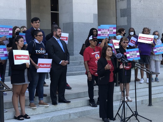 Civil rights activist Dolores Huerta speaks about the Health4All campaign during a press conference Wednesday at the state Capitol in Sacramento. (Haylee Burgess/CA Immigrant Policy Center)