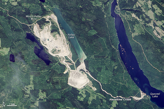 The dam holding toxic mine waste at the Mount Polley mine in British Columbia experienced a breach nearly eight years ago. (Visible Earth, NASA/Wikimedia Commons)