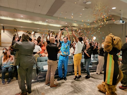 Staff and students at Madera Community College celebrate after winning the Million Dollar Community College Challenge, which will be used to strengthen its brand and promote the value of post-secondary education to people already in the workforce. (Jennifer Hernandez/MCC)