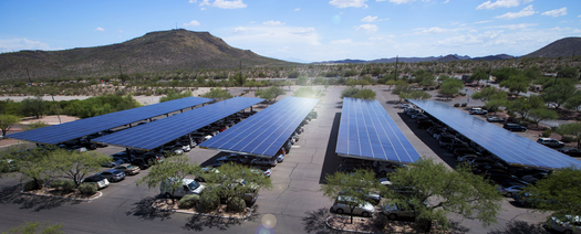 Solar panels on parking-lot shade structures are part of the Climate Change and Sustainability Plan at Pima Community College in Tucson, Ariz. (Media Dept./PCC)