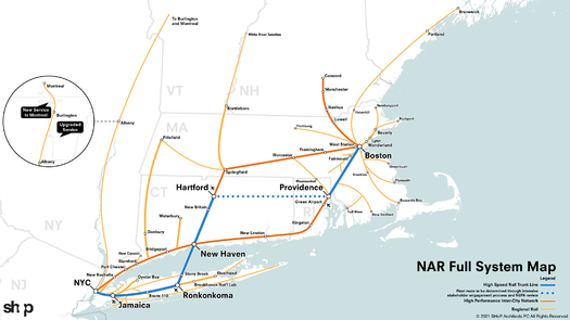 Efforts to implement high-speed rail in the U.S. have been ongoing since the mid-1960s, but only Amtrak's Acela service, between New York and Washington, D.C., has been completed. (North Atlantic Rail Alliance/Shop Architects)