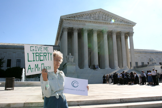 Womens' health advocate Ruth Galaid protests in front of the U.S. Supreme Court in 2005. (Compassion & Choices)