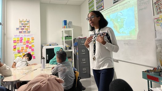Fifth-grade teacher Brittany Jefferson looks for ways to discuss climate change without traumatizing her students at Citizens of the World Silver Lake charter school. (Caleigh Wells)