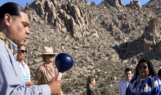 The Fort Mojave Indian Tribe Council member Johnny Hemmers and Council Secretary Colleen Garcia shared bird songs and dances at Avi Kwa Ame with Secretary of the Interior Deb Haaland and Representative Susie Lee in September. (Ashley Hemmers)