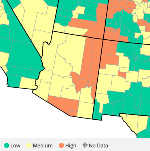 Areas highlighted in yellow have medium levels of COVID-19 transmission, while areas in orange are considered to have high levels of transmission. (Centers for Disease Control and Prevention)