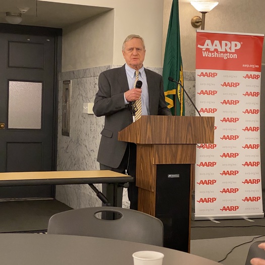 Rep. Steve Tharinger, D-Dungeness, spoke to the Age Wave Coalition on Thursday. (Christina Clem/AARP Washington)