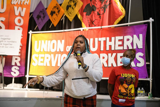 Naomi Harris of Columbia, S.C., speaks during the inaugural summit of the Union of Southern Social Workers in November. Harris, 21, is a co-founder of the group, which represents service workers across the region. (Union of Southern Service Workers)