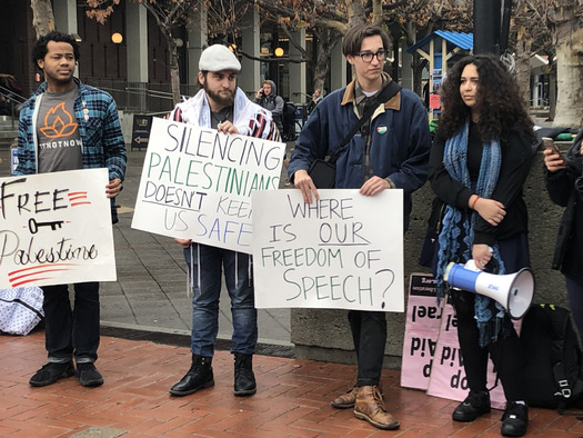 Protestors at the University of California-Berkeley demonstrate in support of student groups that passed a bylaw pledging not to invite pro-Zionist speakers. (Palestine Legal)