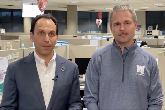 Louisville Mayor Craig Greenberg and Spencer Bruce, CEO of Louisville Water Co., appear in a video statement telling residents the water is safe to drink. (City of Louisville/Twitter)