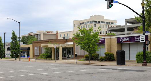The entrance of the EMW Surgical Center in downtown Louisville, Kentucky, the only abortion center left in the Commonwealth before the state's trigger law went into effect last year. (Adobe Stock)