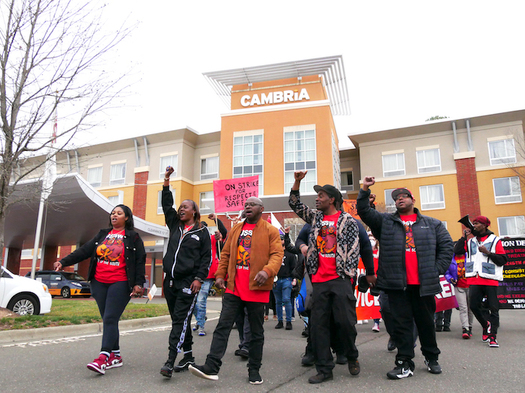 Workers at Cambria Suites and Hotel in Morrisville, N.C., and colleagues from the Union of Southern Service Workers rally Feb. 20 for better pay, benefits and workplace safety. (Herb White) 