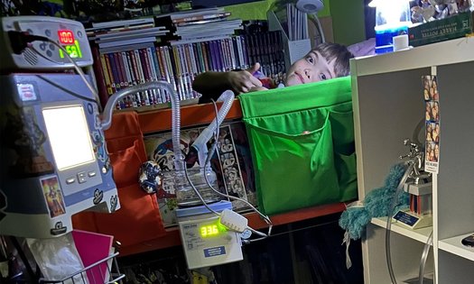 Jennifer McLelland's son James gives a thumbs-up as his ventilator equipment continues to run, thanks to a portable power station used during a recent power outage. (Jennifer McLelland)
