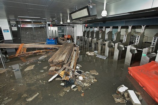 In 2009, the New York Transit Authority opened a new station at South Ferry costing $530 million. Much of the station was damaged in 2012 by Hurricane Sandy. After five years, it reopened. Reconstruction cost $344 million. (Metropolitan Transportation Authority/Patrick Cashin/Wikimedia Commons)
