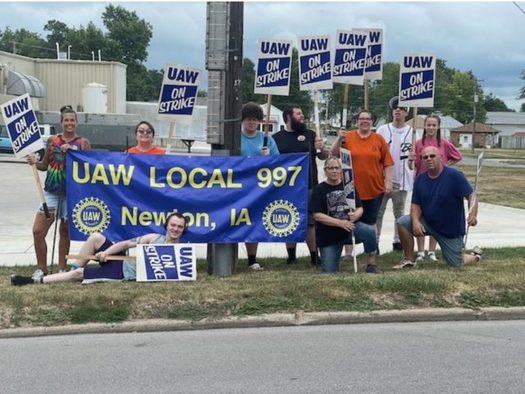 Workers at Thombert produce polyurethane wheels for electric forklifts. The workers, represented by UAW local 997, are fighting for higher wages, more affordable healthcare, and a better work-life balance. (UAW 997)