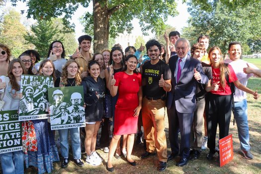 Lawmakers and environmental groups celebrate creation of the American Climate Corps. It's part of the Biden administration's Justice40 Initiative, which aims to ensure that 40% of the overall benefits of certain federal investments flow to disadvantaged communities that have been overburdened by pollution. (Office of Sen. Ed Markey)