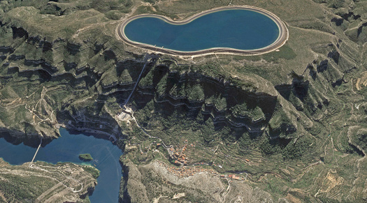 Pumped storage hydroelectric facilities have been built around the world, including the Spanish facility above. (contributor_aerial/Adobe Stock)