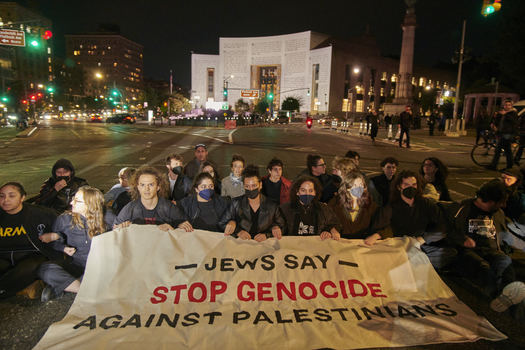 Jewish Americans hold up signs in support of Palestine at a New York rally. (Zachary Schulman/JVP)