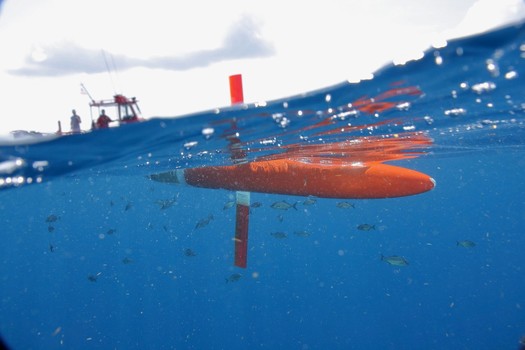 A Spray underwater glider shortly after deployment in the Gulf Stream offshore of Miami, Fla., began one of the many glider-based surveys of the Gulf Stream completed by Associate Scientist Robert Todd's group at Woods Hole Oceanographic Institution since 2015. (Robert Todd/WHOI)