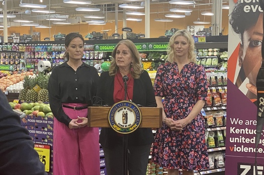 Kentucky's First Lady Britainy Beshear and others speak at the kick-off event for Shop and Share. According to ZeroV, 34% of Kentucky women and 14% of Kentucky men have experienced sexual violence, physical violence and/or stalking. (Angela Conway)