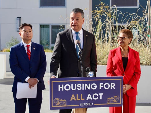 Rep. Ted Lieu, D-Calif., Sen. Alex Padilla, D-Calif., and Los Angeles Mayor Karen Bass spoke in Los Angeles on Tuesday in support of legislation to fund programs to build affordable housing and help people experiencing homelessness. (Office of Sen. Alex Padilla)